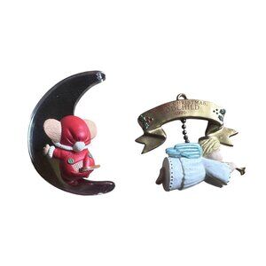 Vtg Hallmark Christmas Ornaments Mouse On The Moon 1986 & Godchild 1991